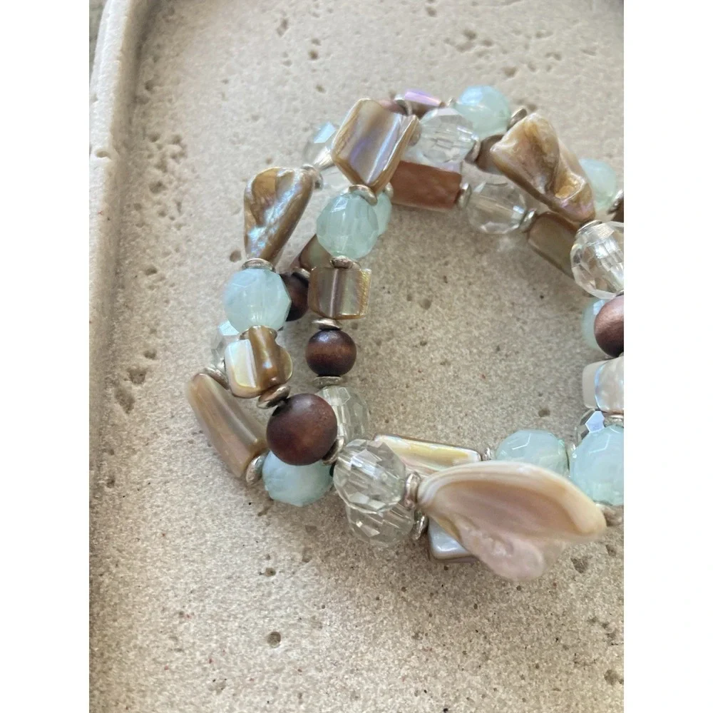 Coastal Bracelet Stack Faux Shell Clear Faceted Aqua Brown Beads Beachy‎ Stretch